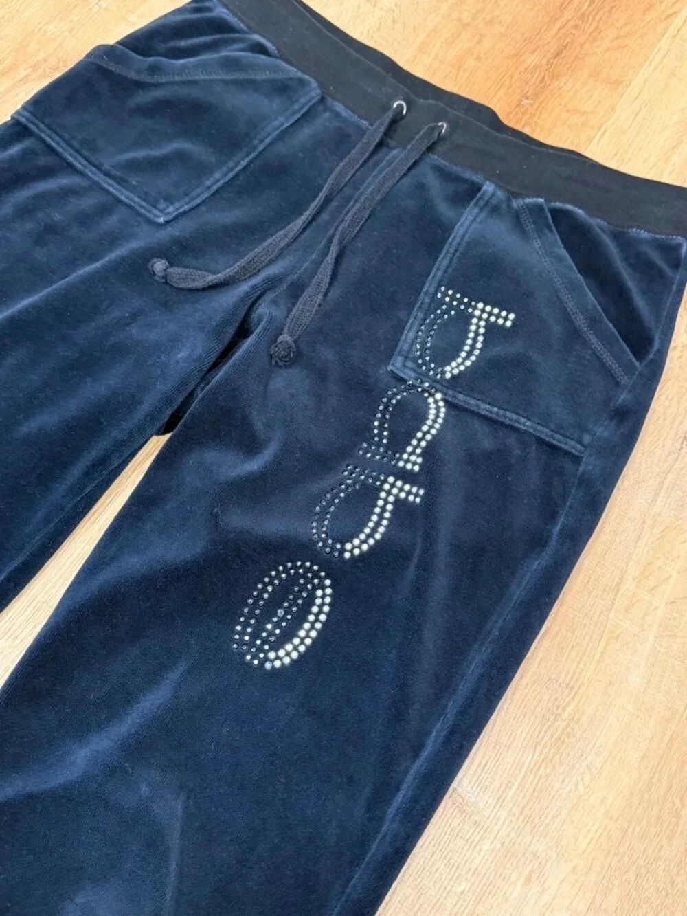 Y2K Bebe Navy Velour Flare Pants Womens Drawstring Waist Rhinestone Logo Back Po